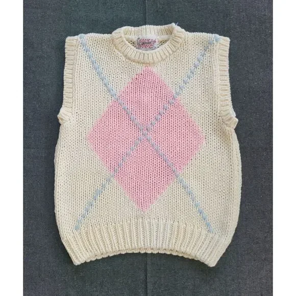 Vintage 60s 70s Ivory White Pink Sweater Vest Argyle Size XS/S Mod Coquette - Picture 1 of 11